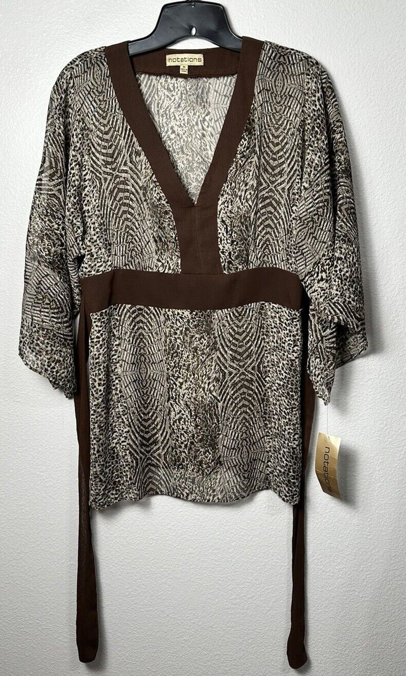 Notations Women’s Brown Animal Print Sheer Top 3/4 Webbed Sleeve Size Medium NWT